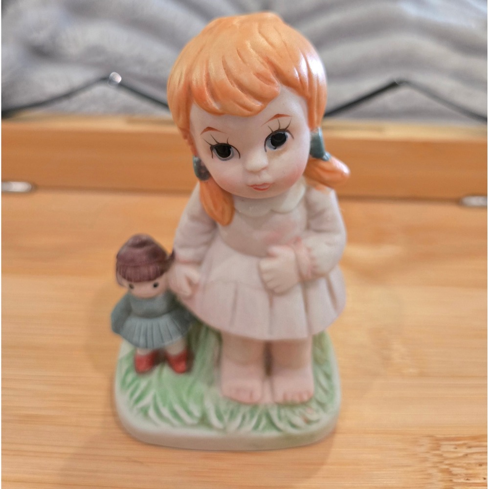 Vintage Porcelain Girl with Doll Figurine Orange Hair Bisque 4 Inch Taiwan